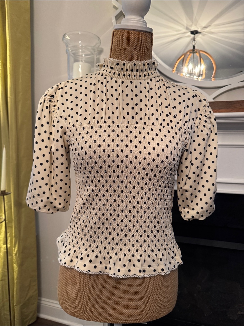 Sandro Cream & Black Polka Dot Smocked Mock-Neck Blouse. 1